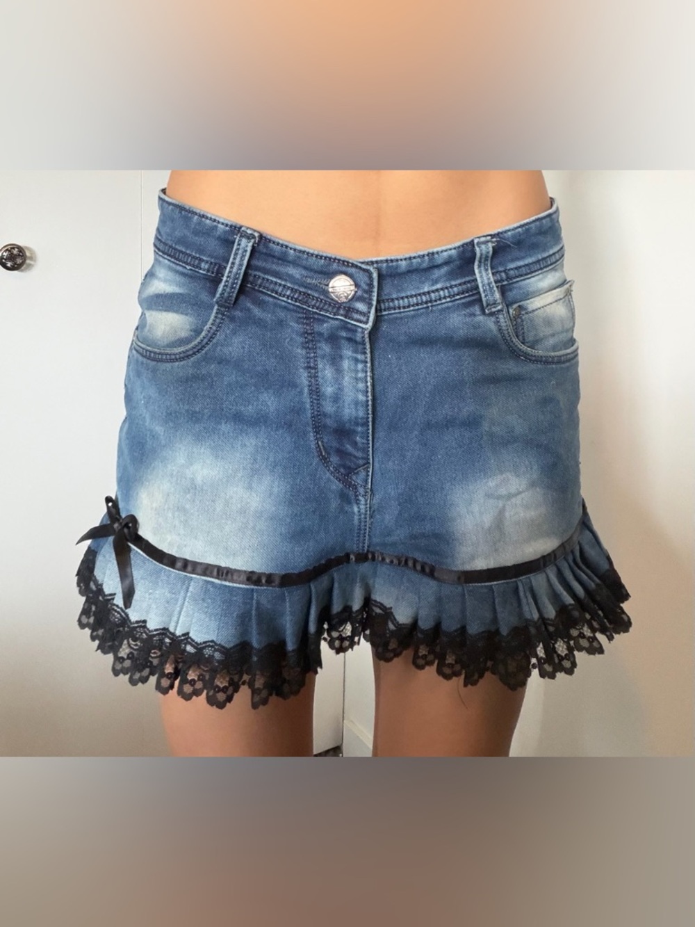 DIESEL Denim Mini Skirt with Black Lace Trim!